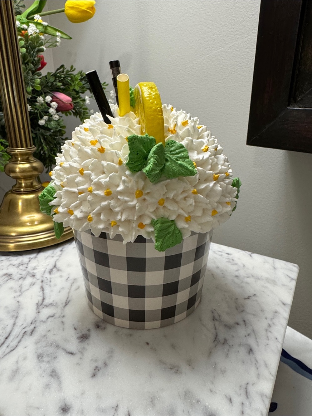 Faux White Floral Decor with Lemon Slice and Green Leaves - fake - Picture 3 of 8